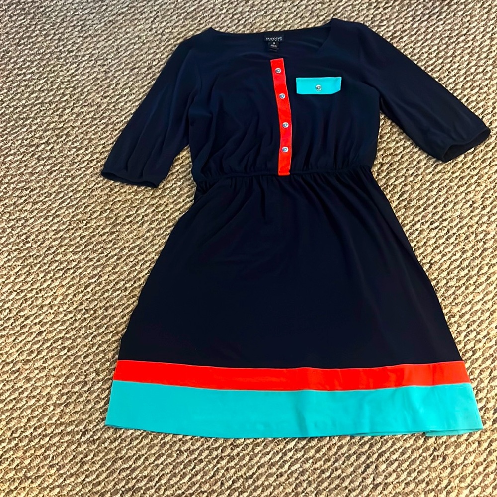 Navy blue Enfocus Studio dress with aqua and coral accents size 8